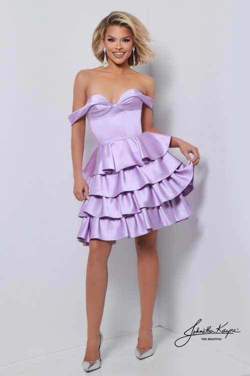 Lilac layered cocktail dress with off-shoulder neckline and tiered ruffle skirt, perfect for homecoming, semi-formals, and pageant appearances.